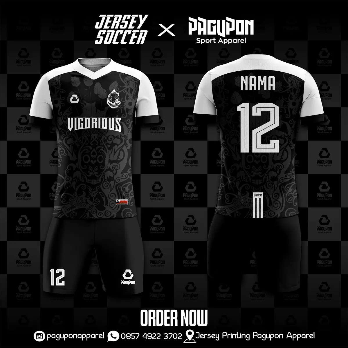 Jersey sepak bola custom Vigorious Biru, warna biru navy, kerah V-Neck, tampak depan dan belakang, varian 4