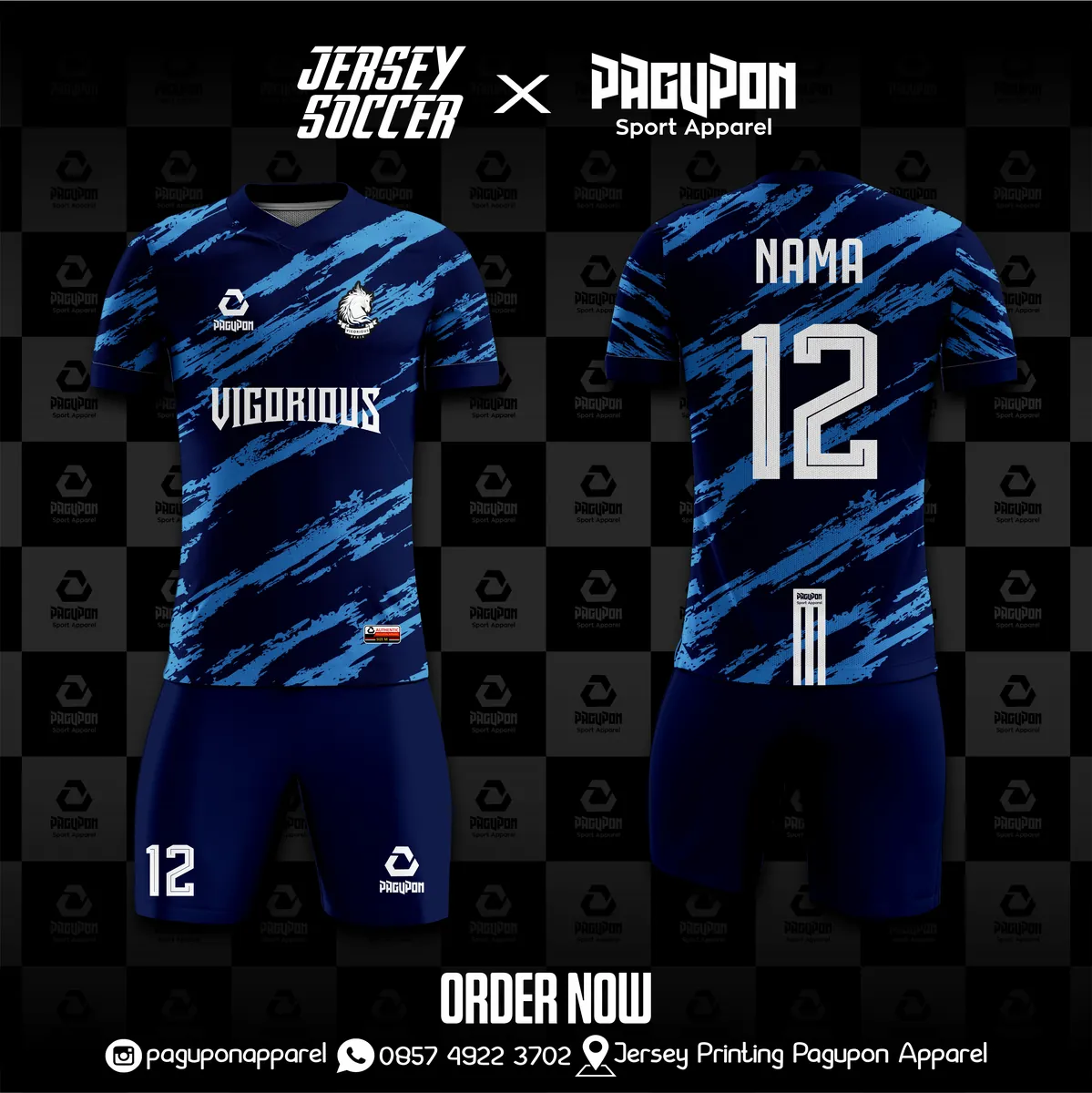 Jersey sepak bola custom Vigorious Biru, warna biru navy, kerah V-Neck, tampak depan dan belakang