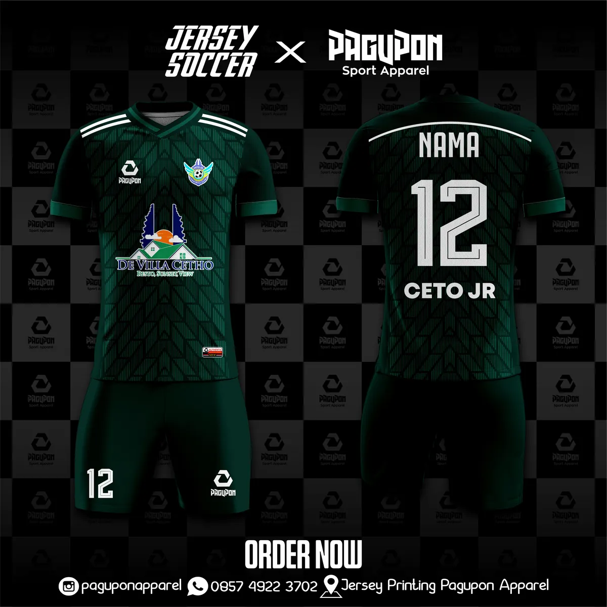 Jersey sepak bola custom De Villa Cetho Hijau, warna hijau putih, kerah V-Neck, tampak depan dan belakang