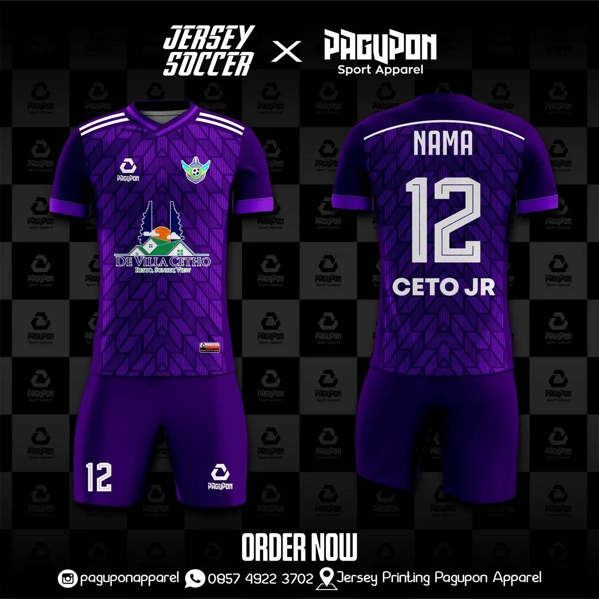 Jersey sepak bola custom De Villa Cetho Ungu, warna ungu putih, kerah V-Neck, tampak depan dan belakang