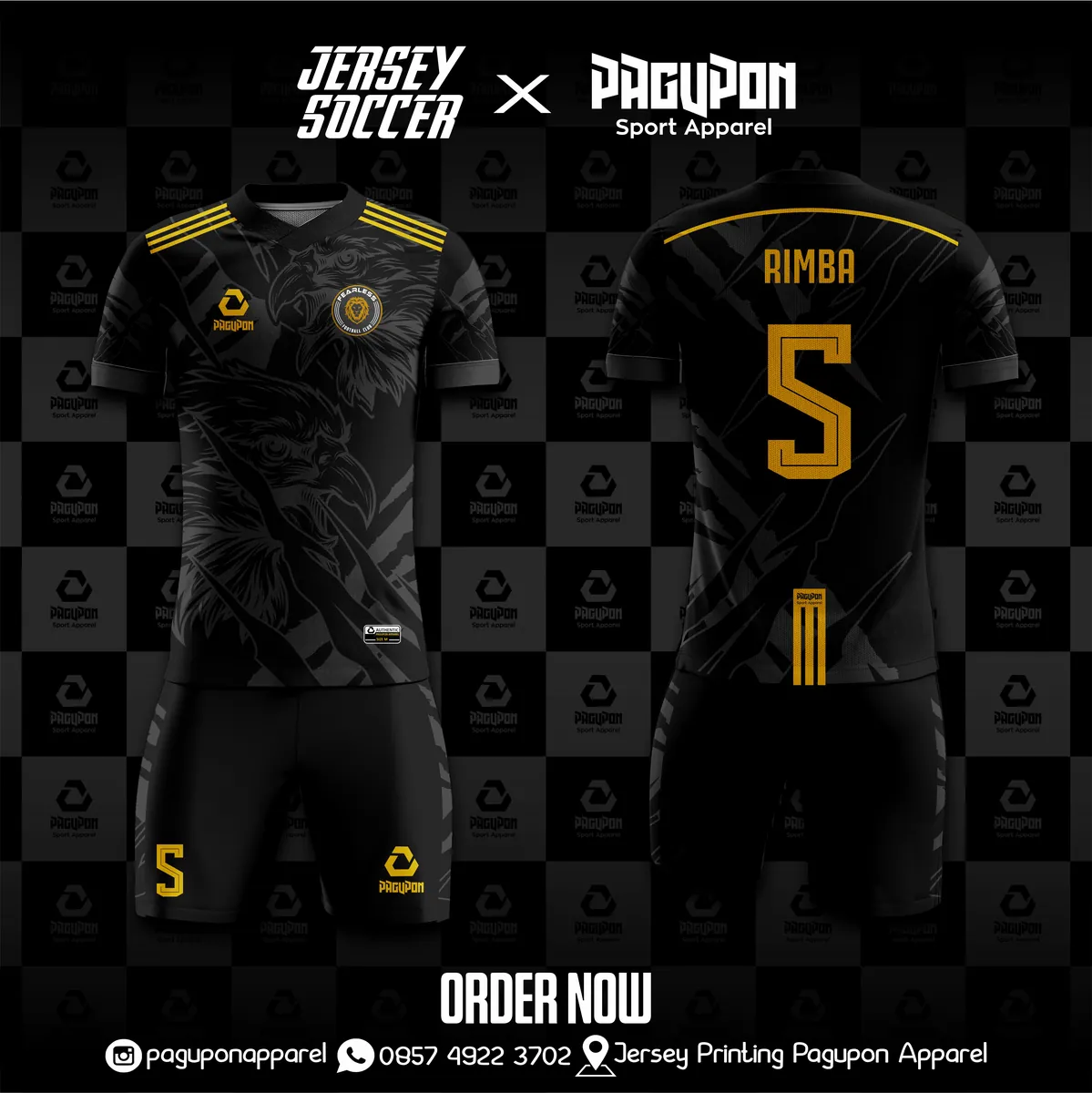 Jersey sepak bola custom Fearless Hitam, warna hitam emas, kerah V-Neck, tampak depan dan belakang, varian 2