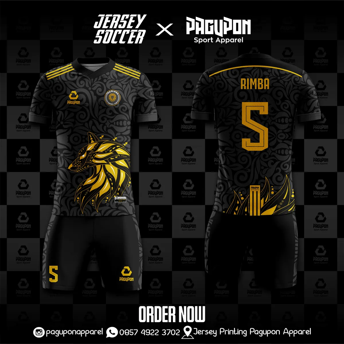 Jersey sepak bola custom Fearless Hitam, warna hitam emas, kerah V-Neck, tampak depan dan belakang