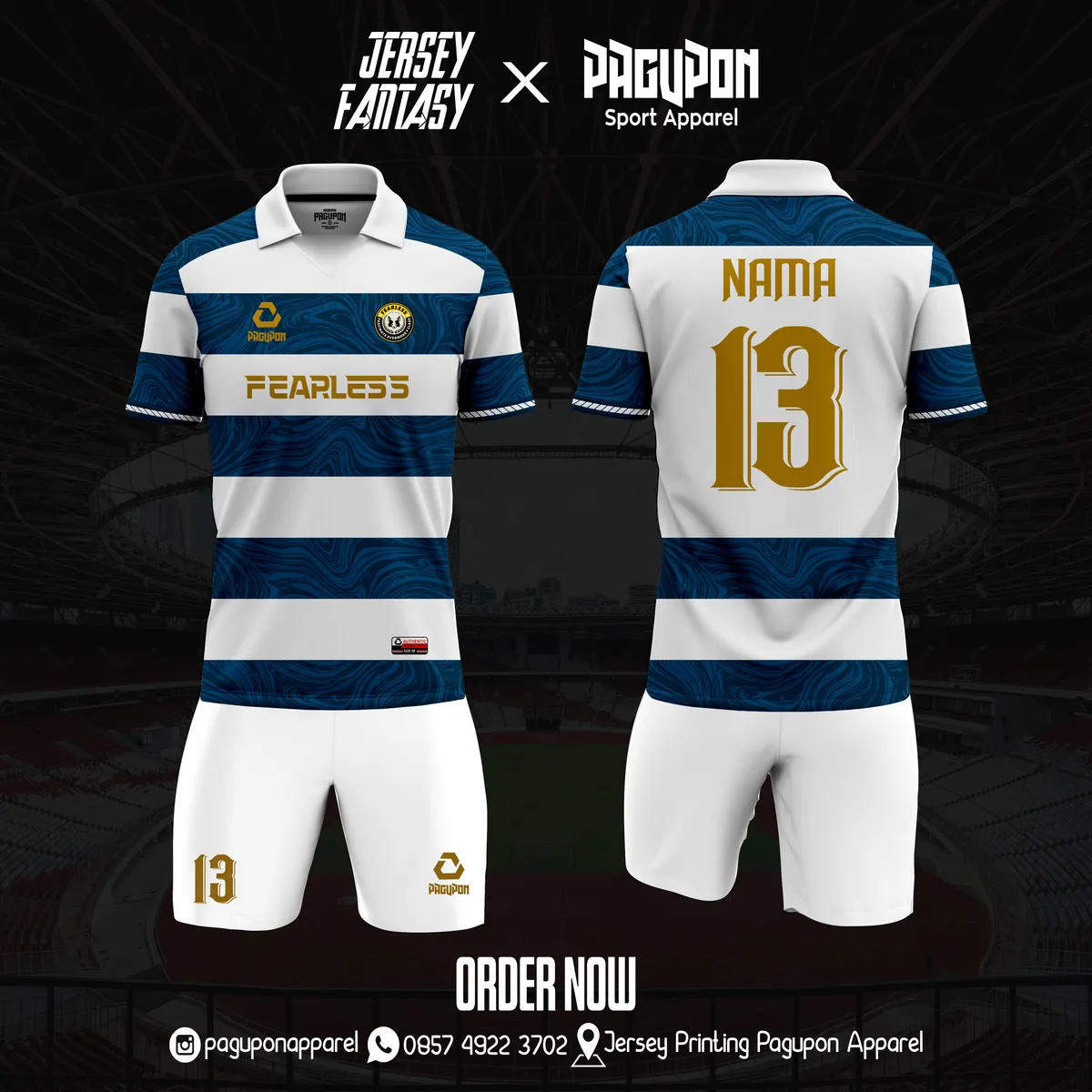 Jersey sepak bola custom Fearless Putih, warna putih navy, kerah Polo, tampak depan dan belakang