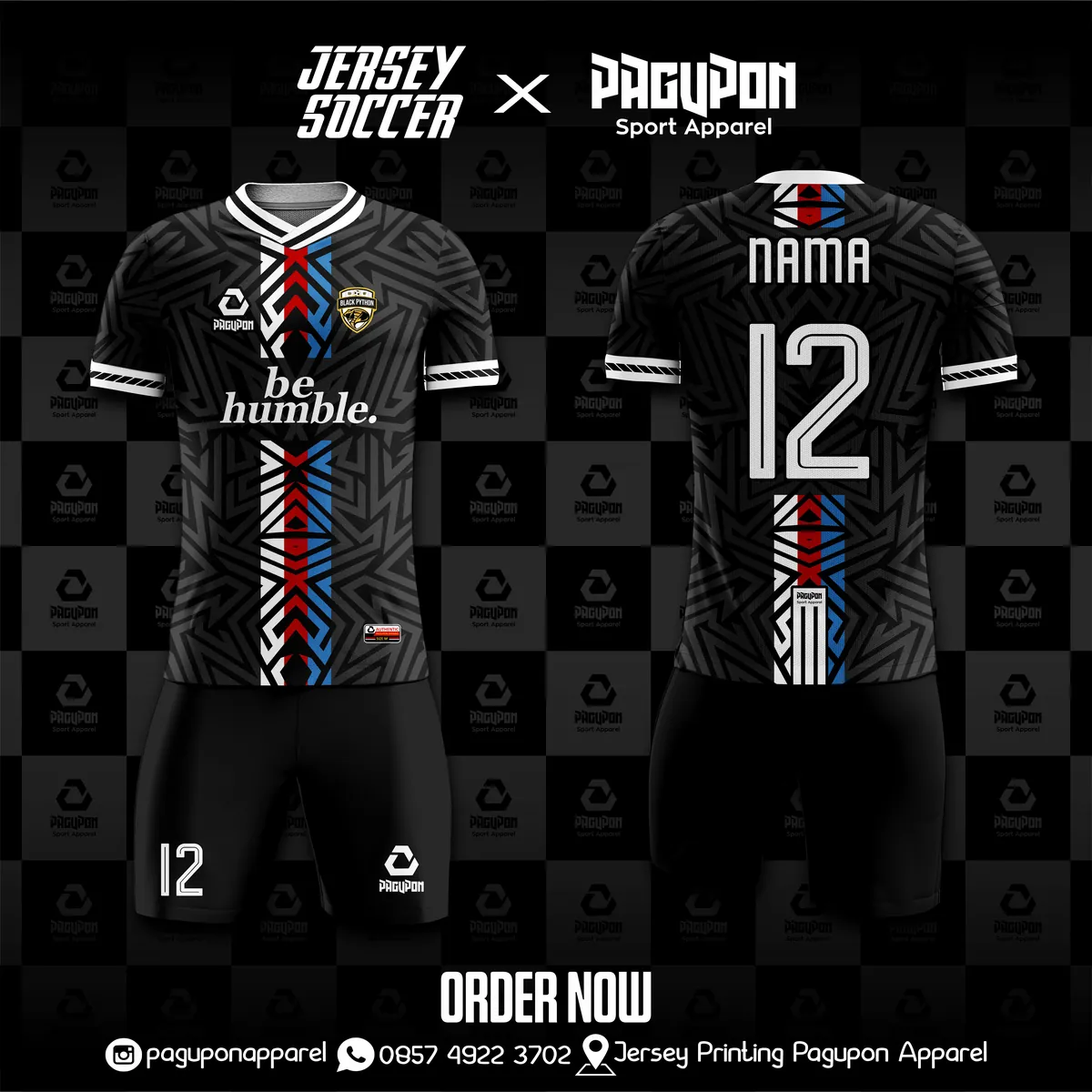 Jersey sepak bola custom Be Humble Stripe Hitam, warna hitam abu-abu, kerah V-Neck, tampak depan dan belakang