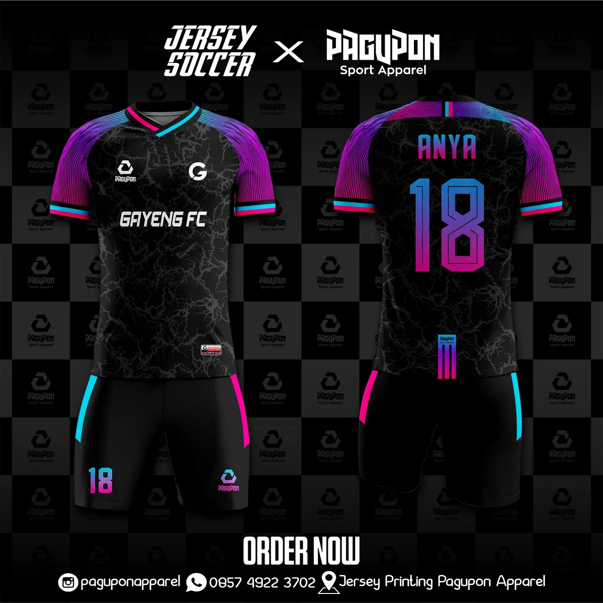 Jersey sepak bola custom Gayeng FC Hitam, warna hitam ungu biru muda, kerah V-Neck, tampak depan dan belakang