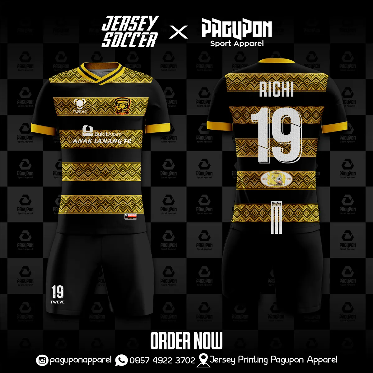 Jersey sepak bola custom Anak Lanang FC Merah, warna merah hitam emas, kerah O-Neck, tampak depan dan belakang, varian 2