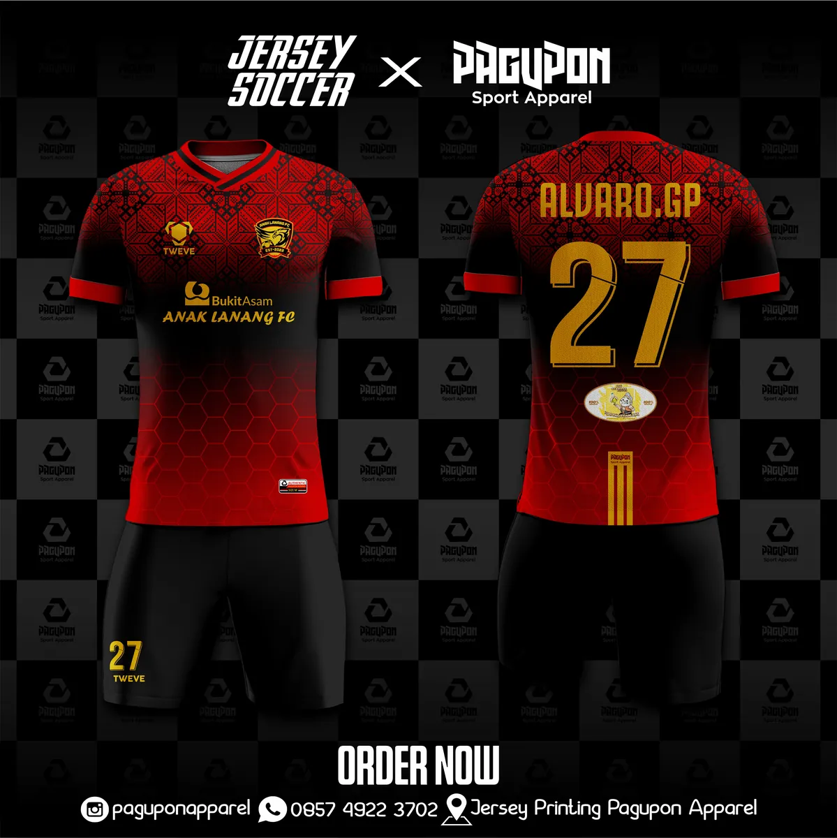 Jersey sepak bola custom Anak Lanang FC Merah, warna merah hitam emas, kerah O-Neck, tampak depan dan belakang