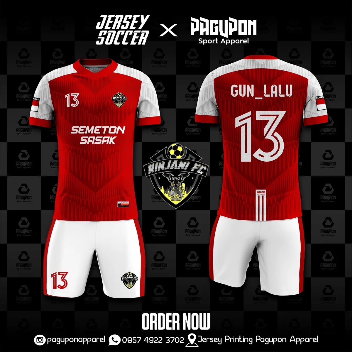 Jersey sepak bola custom Semeton Sasak Hitam, warna hitam oranye, kerah O-Neck, tampak depan dan belakang, varian 2