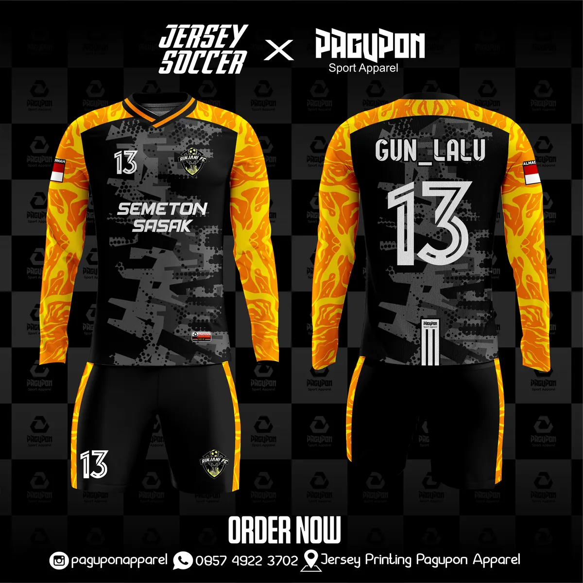 Jersey sepak bola custom Semeton Sasak Hitam, warna hitam oranye, kerah O-Neck, tampak depan dan belakang