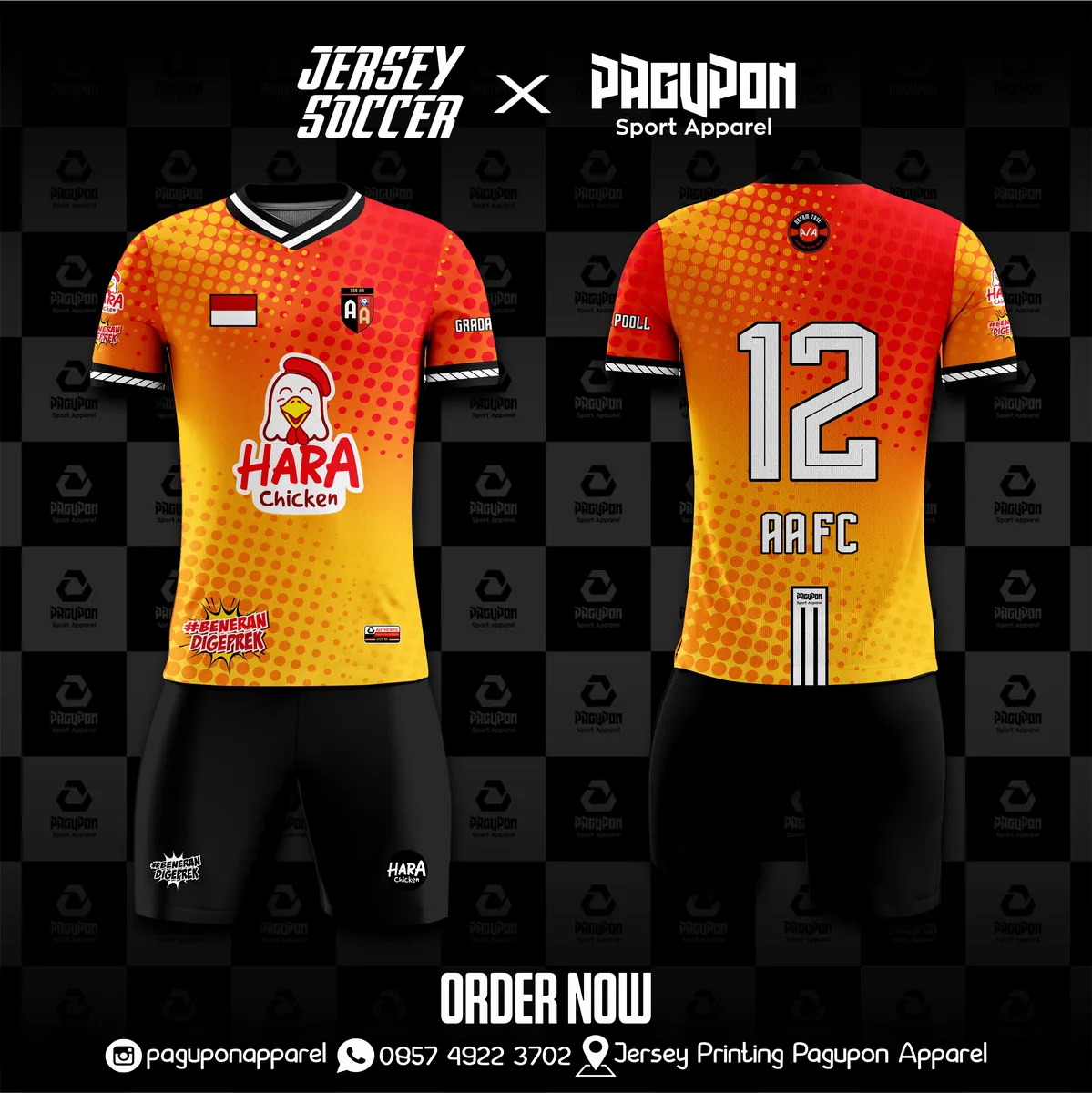 Jersey sepak bola custom AA FC Merah Hitam, warna merah hitam, kerah V-Neck, tampak depan dan belakang, varian 2