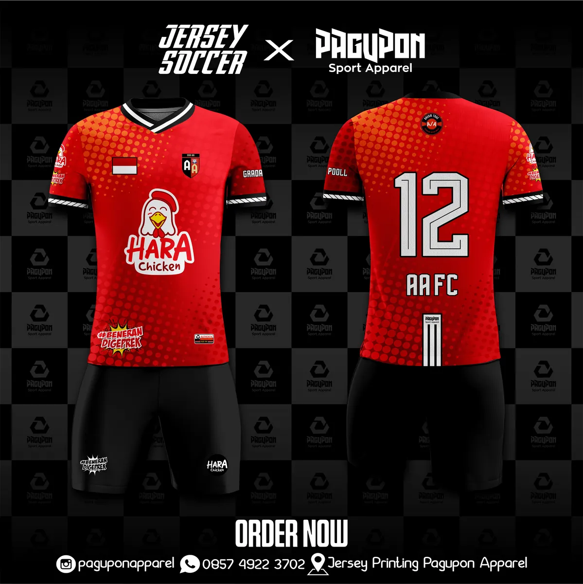 Jersey sepak bola custom AA FC Merah Hitam, warna merah hitam, kerah V-Neck, tampak depan dan belakang