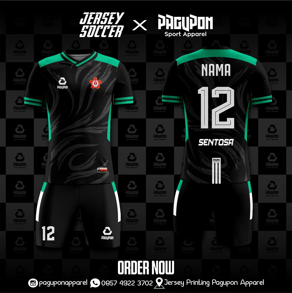 Jersey sepak bola custom Sentosa Hitam, warna hitam hijau, kerah V-Neck, tampak depan dan belakang
