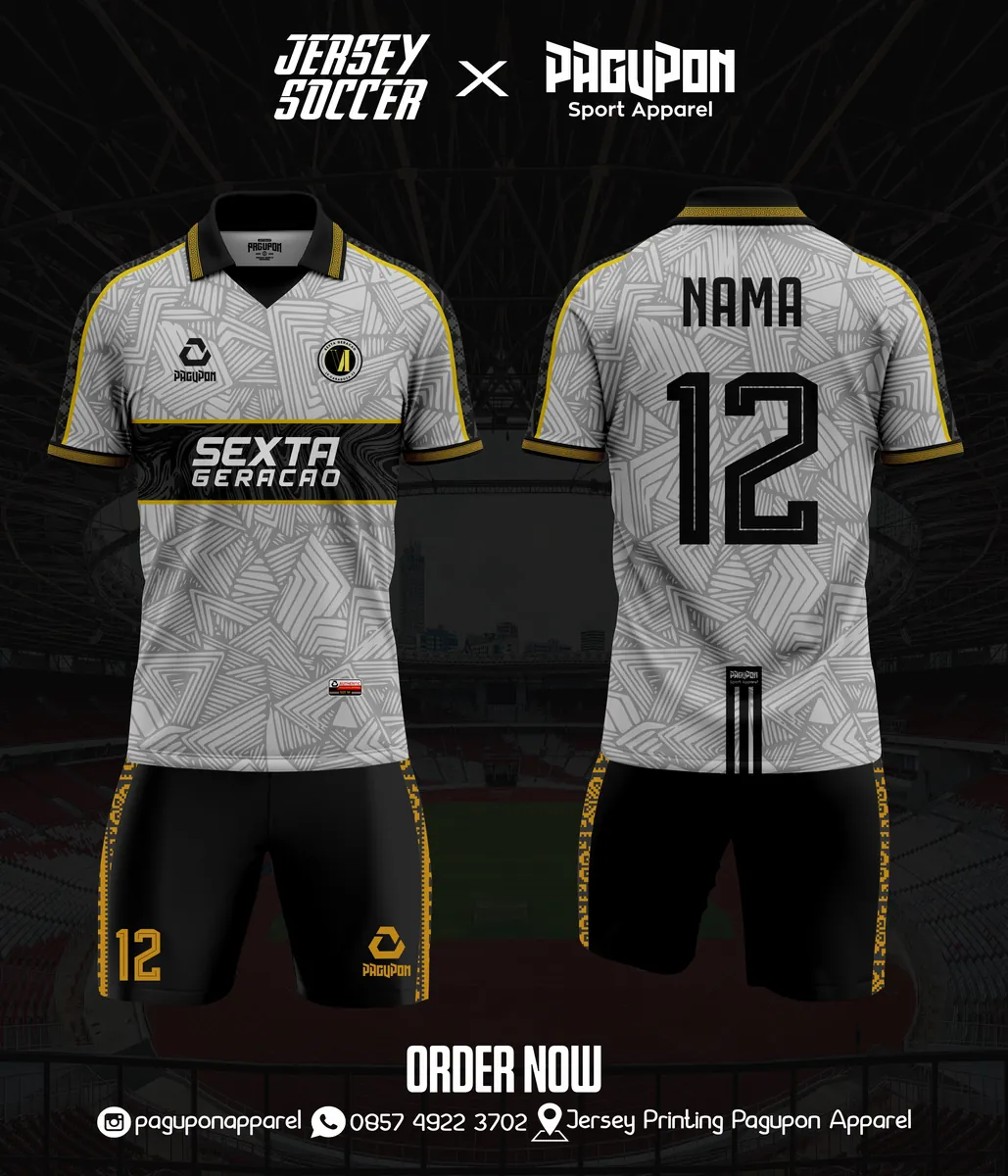 Jersey sepak bola custom Sexta Geracao Abu-abu, warna abu-abu hitam emas, kerah Polo, tampak depan dan belakang