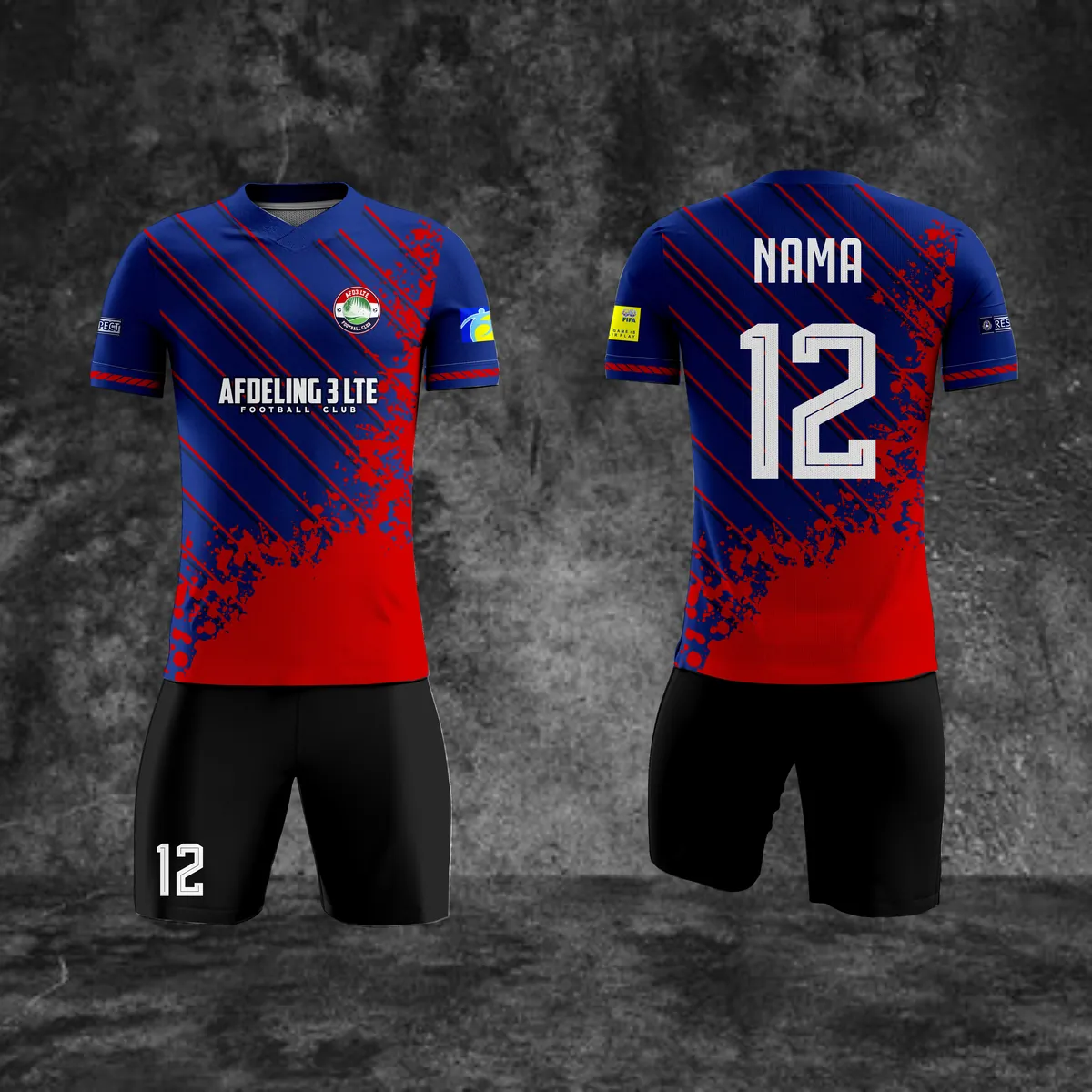 Jersey sepak bola custom Afdeling 3 LTE Biru, warna biru merah, kerah O-Neck, tampak depan dan belakang