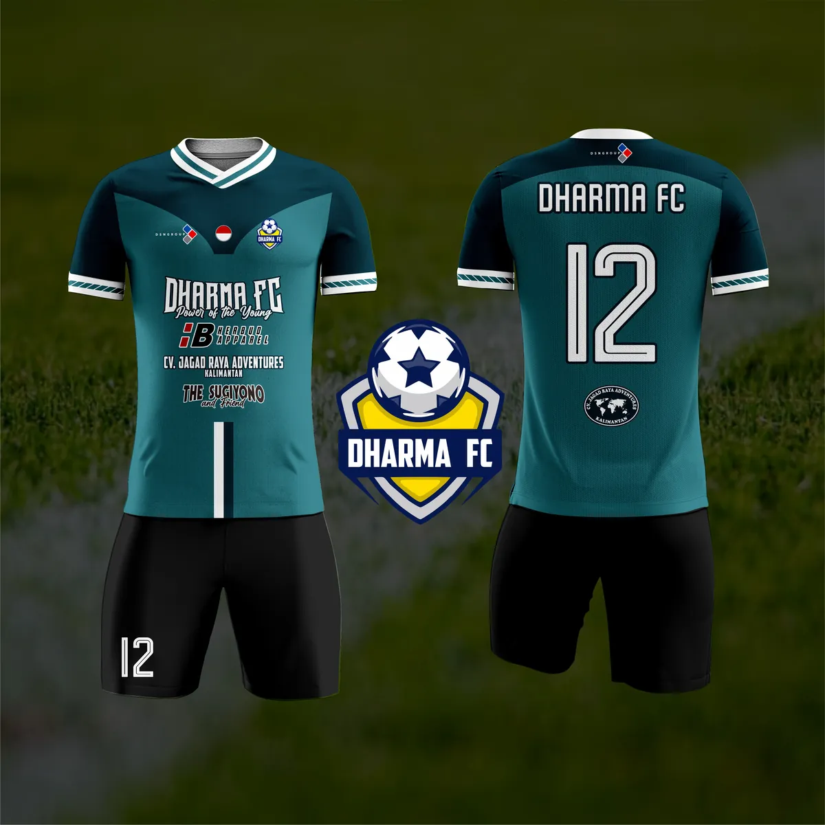 Jersey sepak bola custom Dharma FC Hijau Stabilo, warna hijau stabilo hitam, kerah V-Neck, tampak depan dan belakang, varian 2