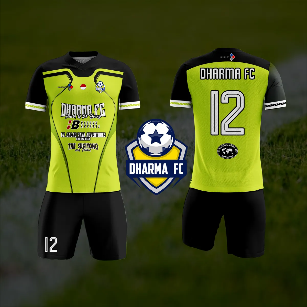 Jersey sepak bola custom Dharma FC Hijau Stabilo, warna hijau stabilo hitam, kerah V-Neck, tampak depan dan belakang