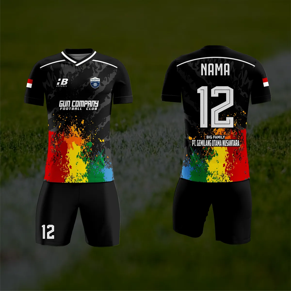 Jersey sepak bola custom Gun Company FC Hitam, warna hitam pink, kerah V-Neck, tampak depan dan belakang, varian 2