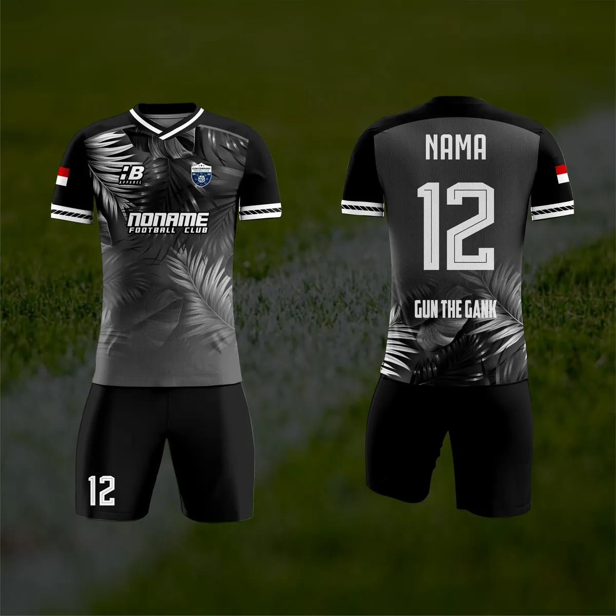 Jersey sepak bola custom Gun Company FC Hitam, warna hitam pink, kerah V-Neck, tampak depan dan belakang, varian 3