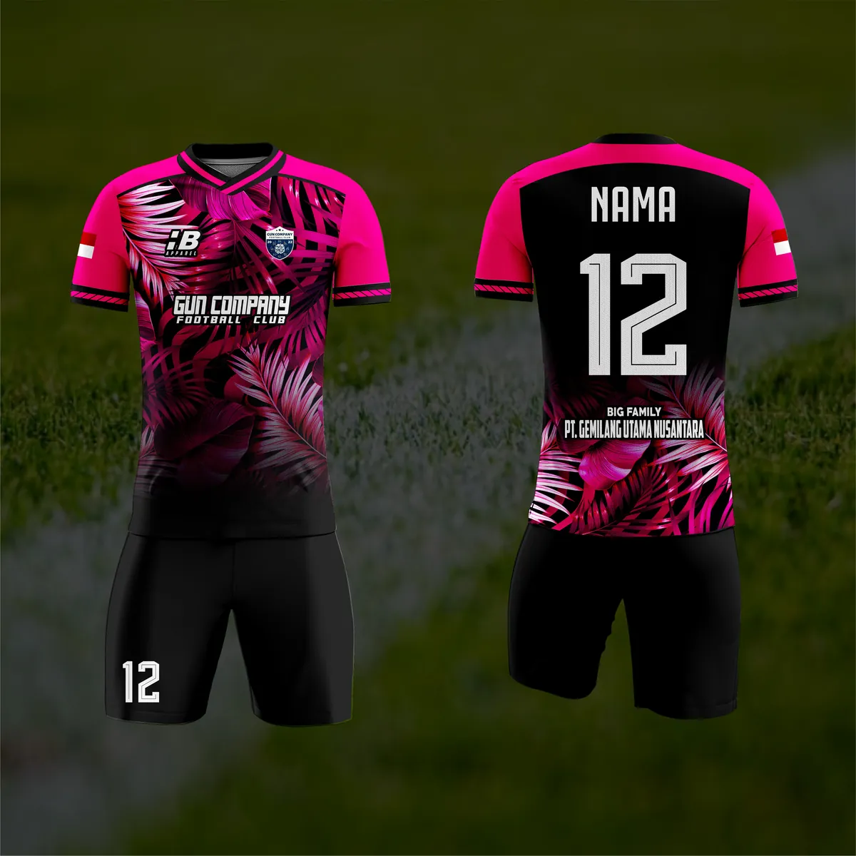 Jersey sepak bola custom Gun Company FC Hitam, warna hitam pink, kerah V-Neck, tampak depan dan belakang, varian 4