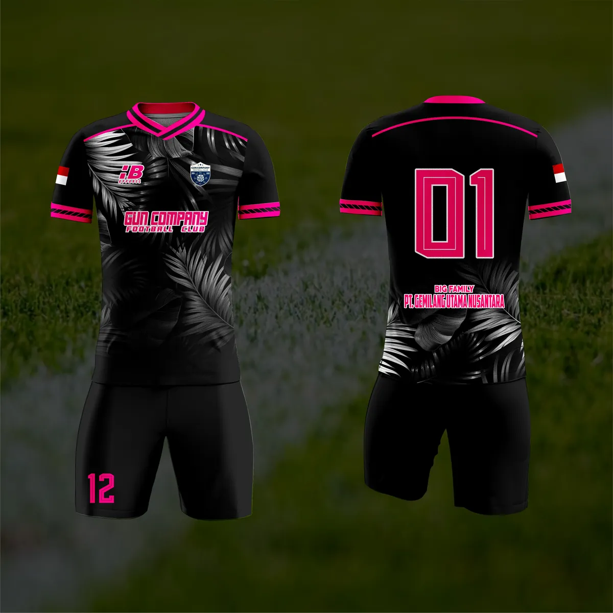 Jersey sepak bola custom Gun Company FC Hitam, warna hitam pink, kerah V-Neck, tampak depan dan belakang