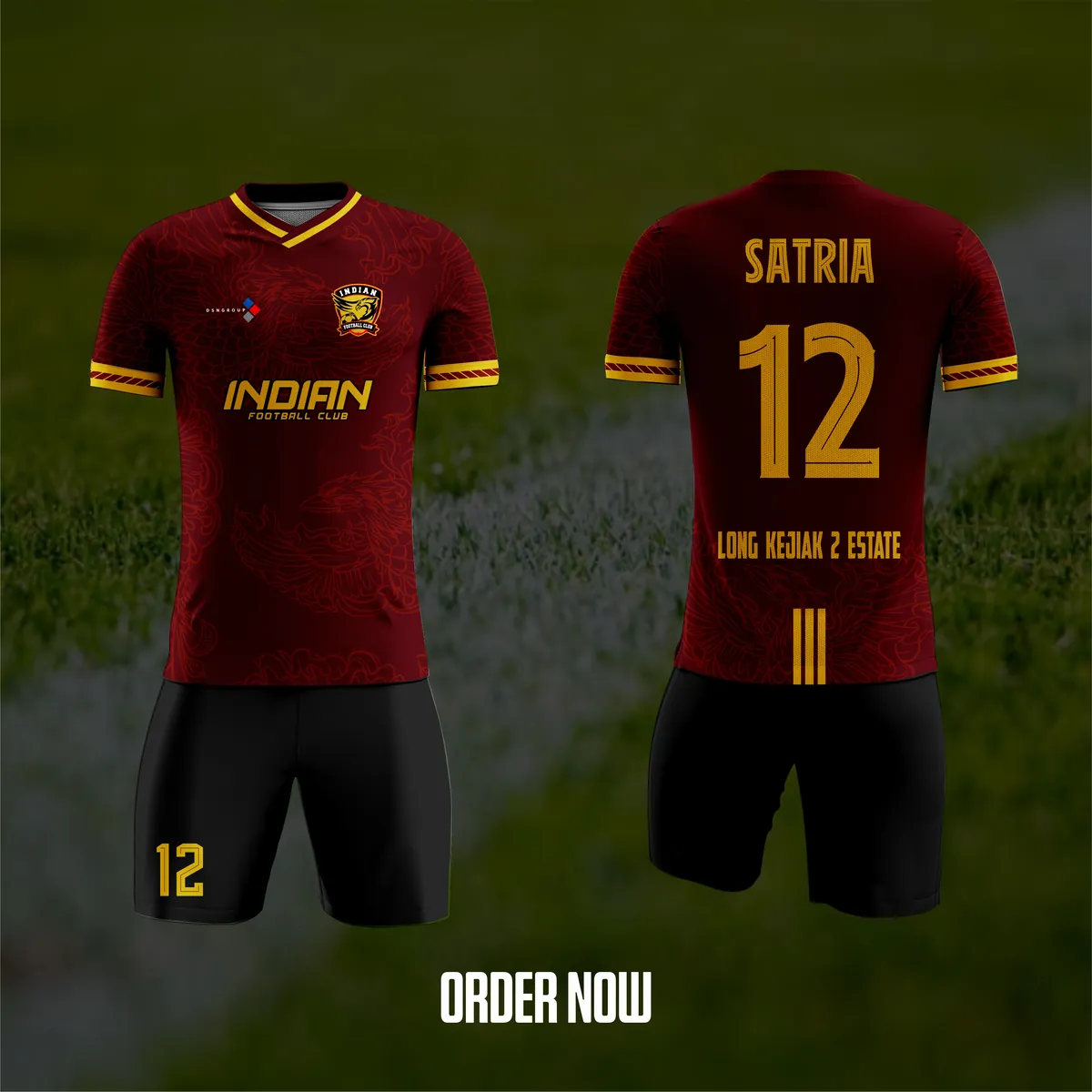 Jersey sepak bola custom Indian FC Hitam, warna hitam emas, kerah V-Neck, tampak depan dan belakang, varian 2