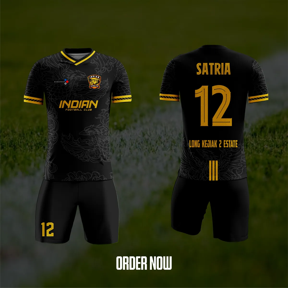 Jersey sepak bola custom Indian FC Hitam, warna hitam emas, kerah V-Neck, tampak depan dan belakang