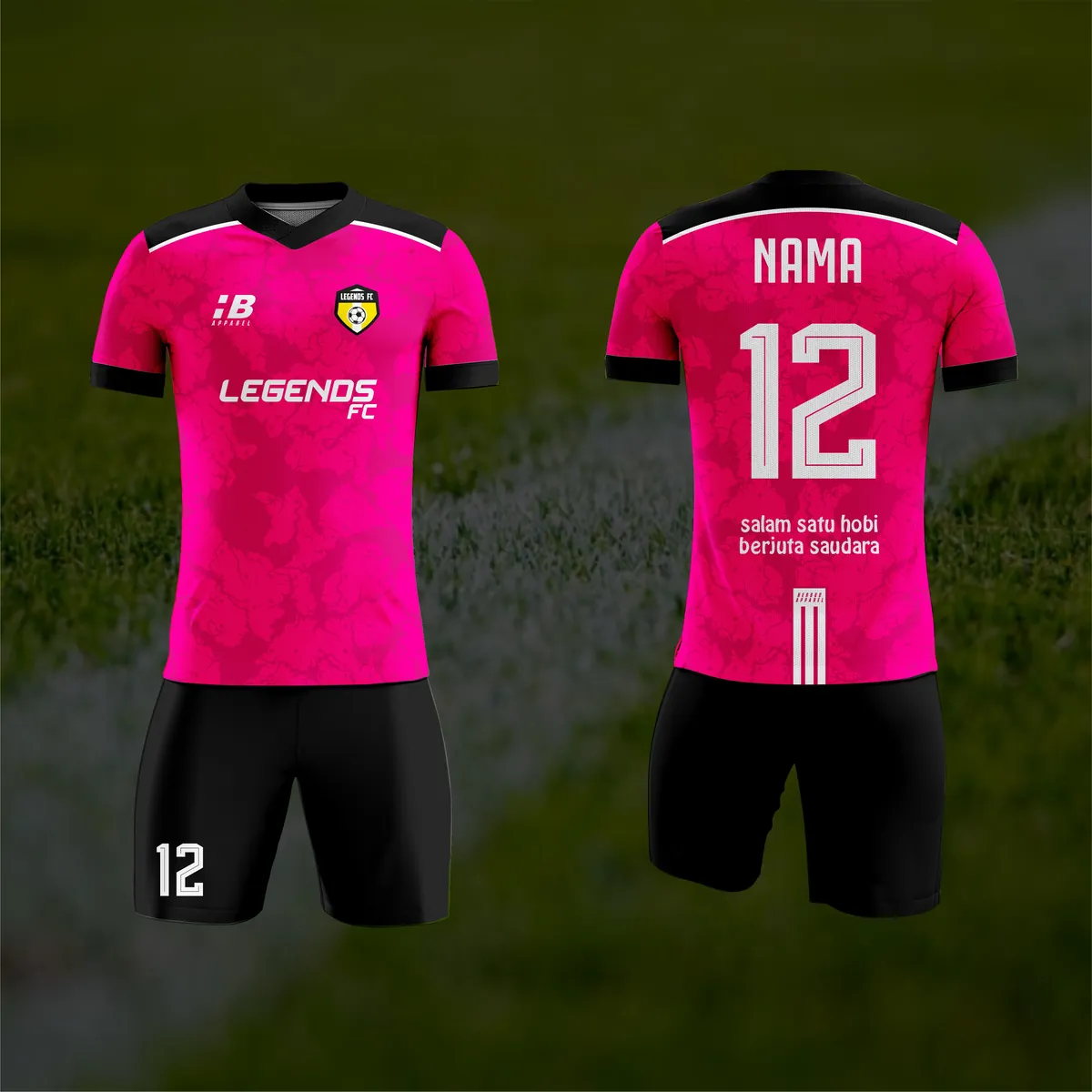 Jersey sepak bola custom Legends FC Pink, warna pink hitam, kerah V-Neck, tampak depan dan belakang