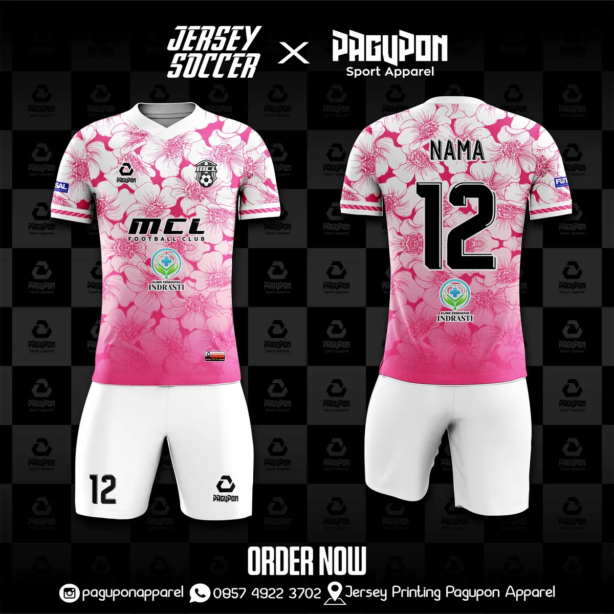 Jersey sepak bola custom MCL FC Pink, warna pink putih, kerah V-Neck, tampak depan dan belakang, varian 2