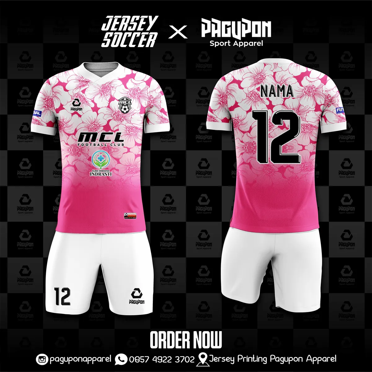 Jersey sepak bola custom MCL FC Pink, warna pink putih, kerah V-Neck, tampak depan dan belakang
