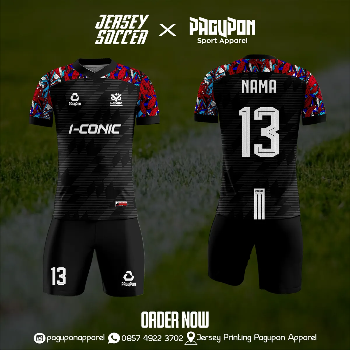Jersey sepak bola custom I-Conic Hitam, warna hitam merah biru, kerah V-Neck, tampak depan dan belakang