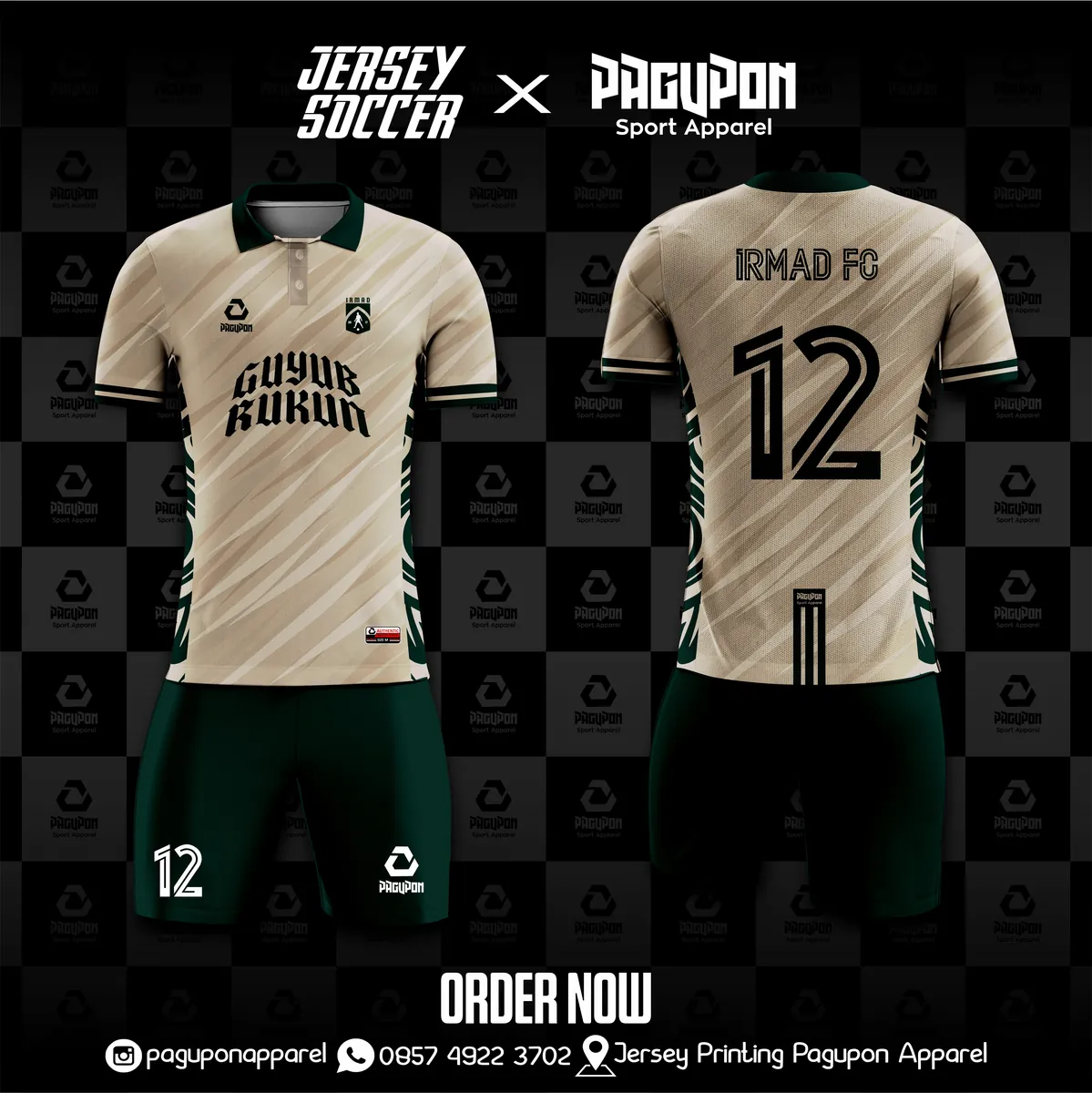 Jersey sepak bola custom Irmad FC Krem, warna krem hijau, kerah Polo, tampak depan dan belakang