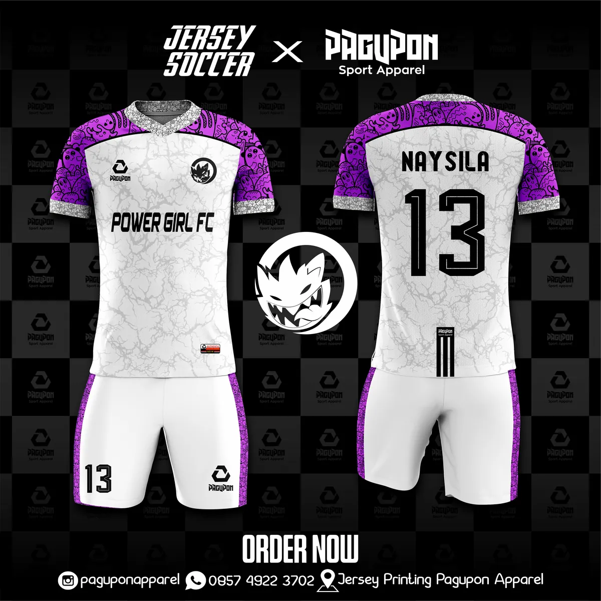 Jersey sepak bola custom Power Girl FC Putih, warna putih ungu, kerah Polo, tampak depan dan belakang