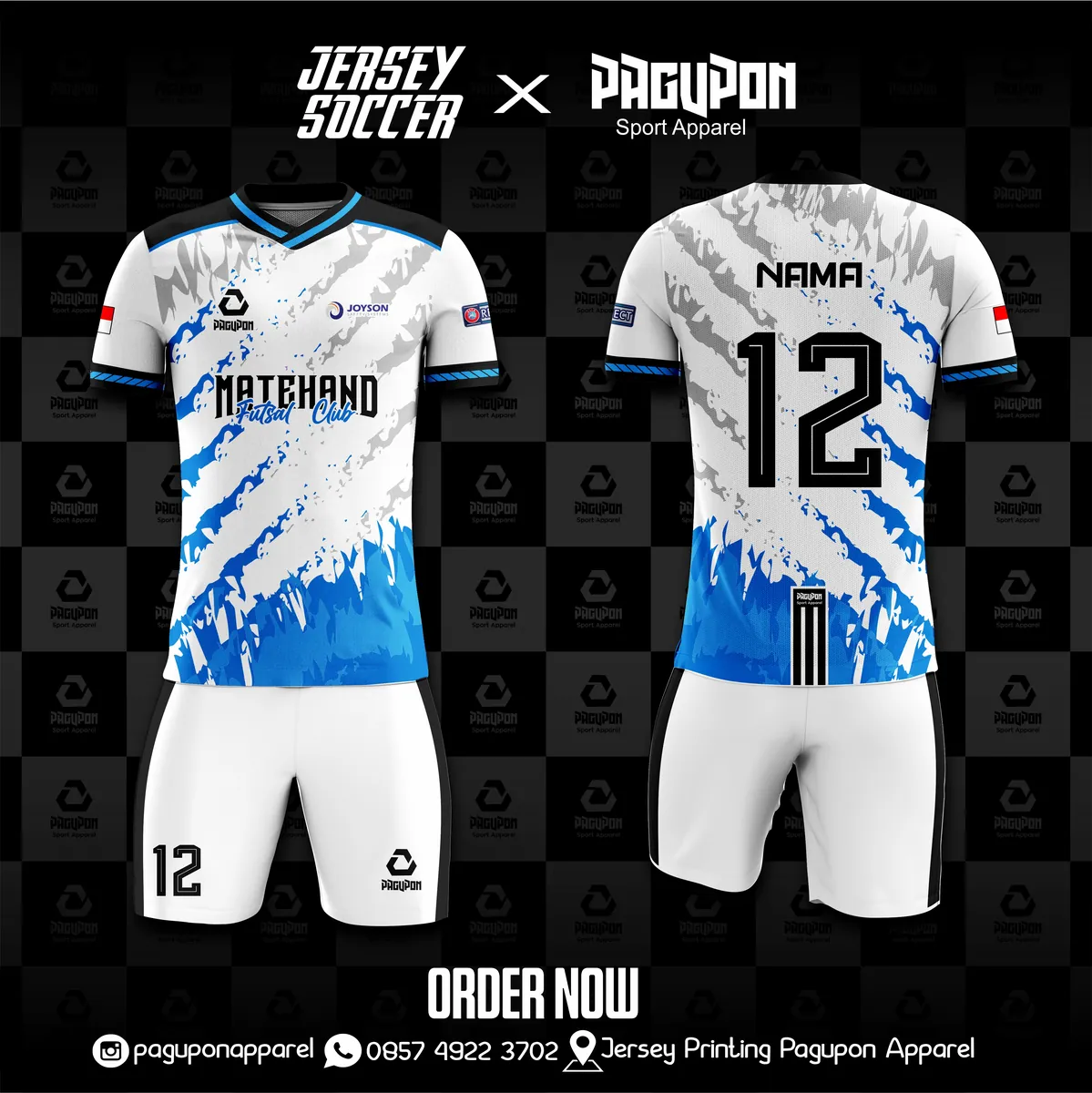 Jersey sepak bola custom Matchand FC Putih, warna putih biru, kerah V-Neck, tampak depan dan belakang