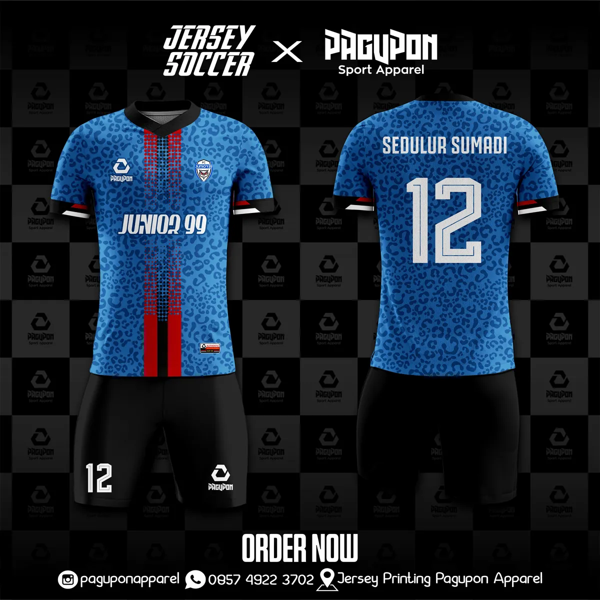 Jersey sepak bola custom Junior 99 Biru, warna biru merah, kerah V-Neck, tampak depan dan belakang