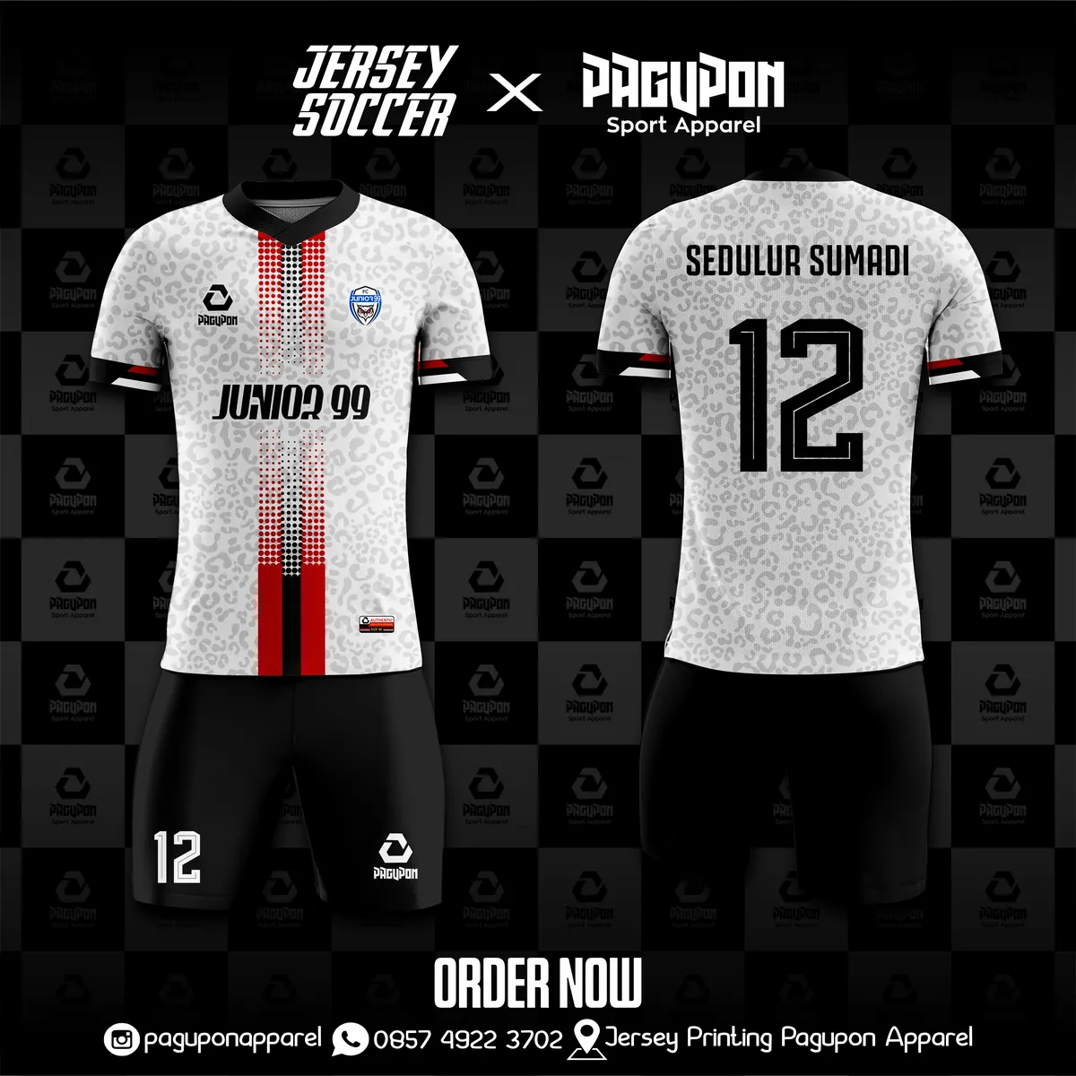 Jersey sepak bola custom Junior 99 Putih, warna putih merah hitam, kerah V-Neck, tampak depan dan belakang