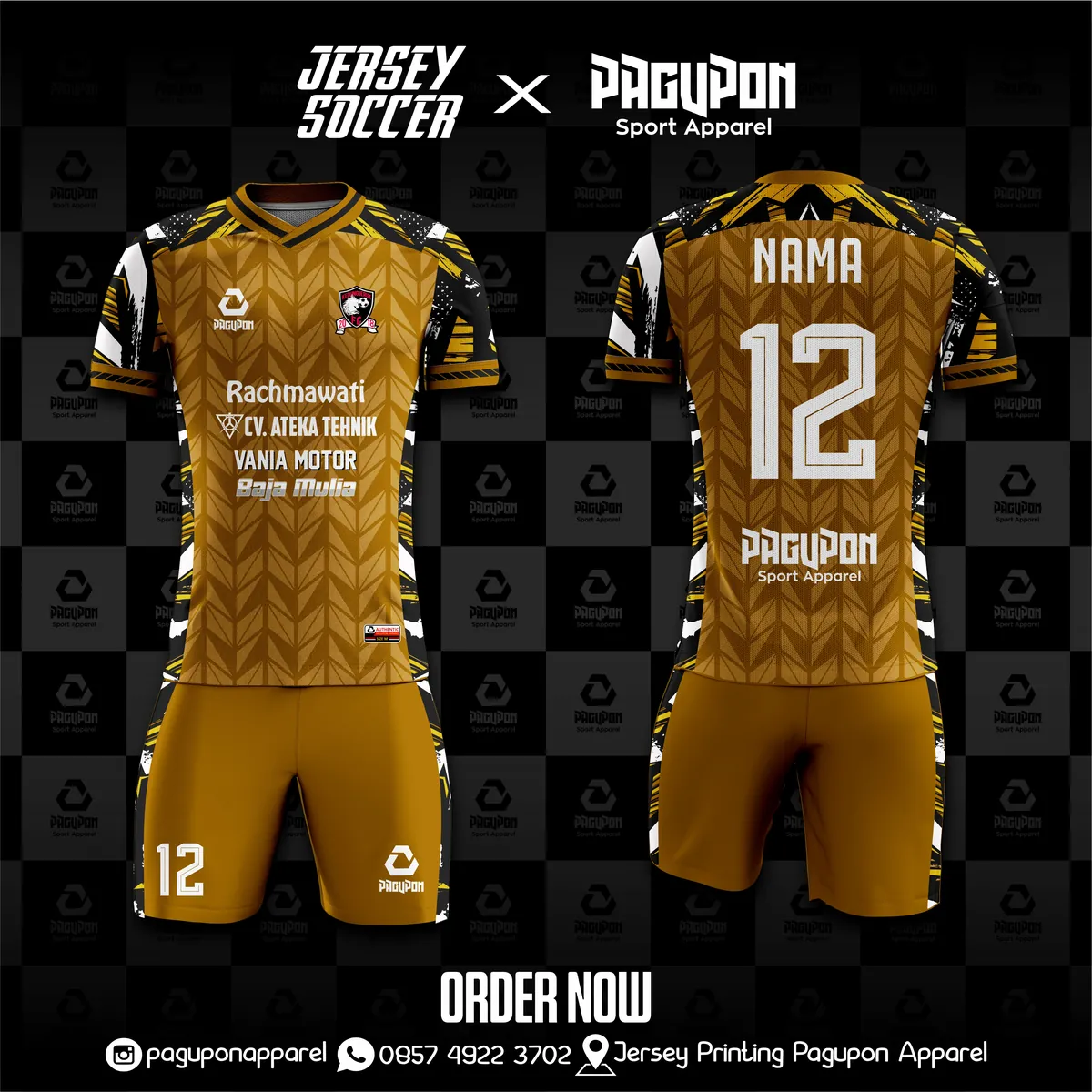 Jersey sepak bola custom Kedung Jeruk Emas, warna emas hitam, kerah V-Neck, tampak depan dan belakang