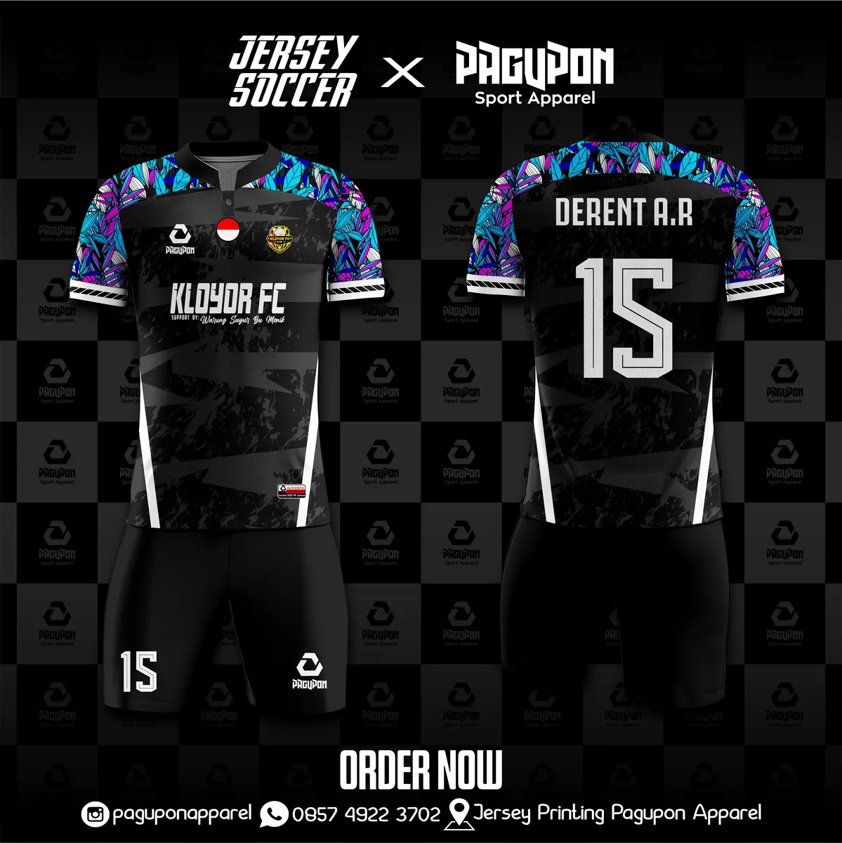 Jersey sepak bola custom Kloyor FC Hitam, warna hitam biru muda ungu, kerah Polo, tampak depan dan belakang