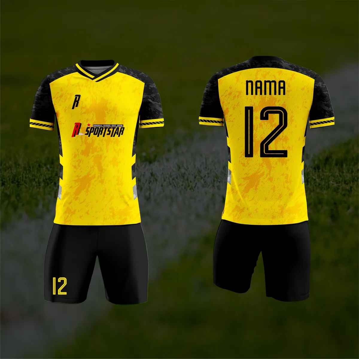 Jersey sepak bola custom Sportstar Kuning, warna kuning hitam, kerah V-Neck, tampak depan dan belakang