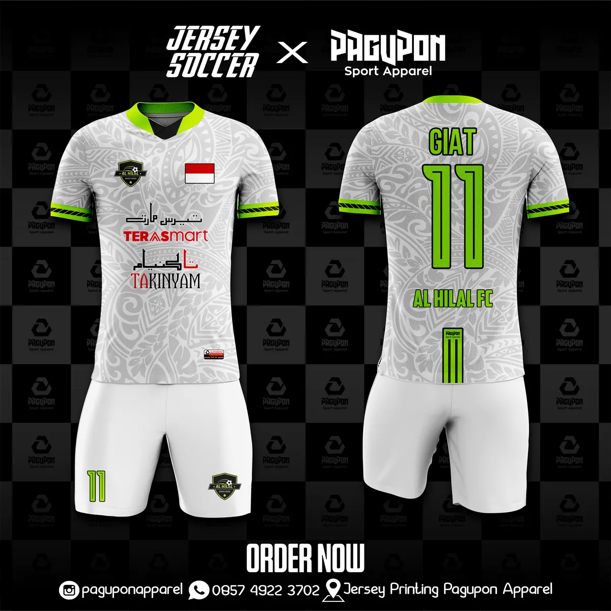 Jersey sepak bola custom Al Hilal FC Abu-abu, warna abu-abu hijau stabilo, kerah V-Neck, tampak depan dan belakang