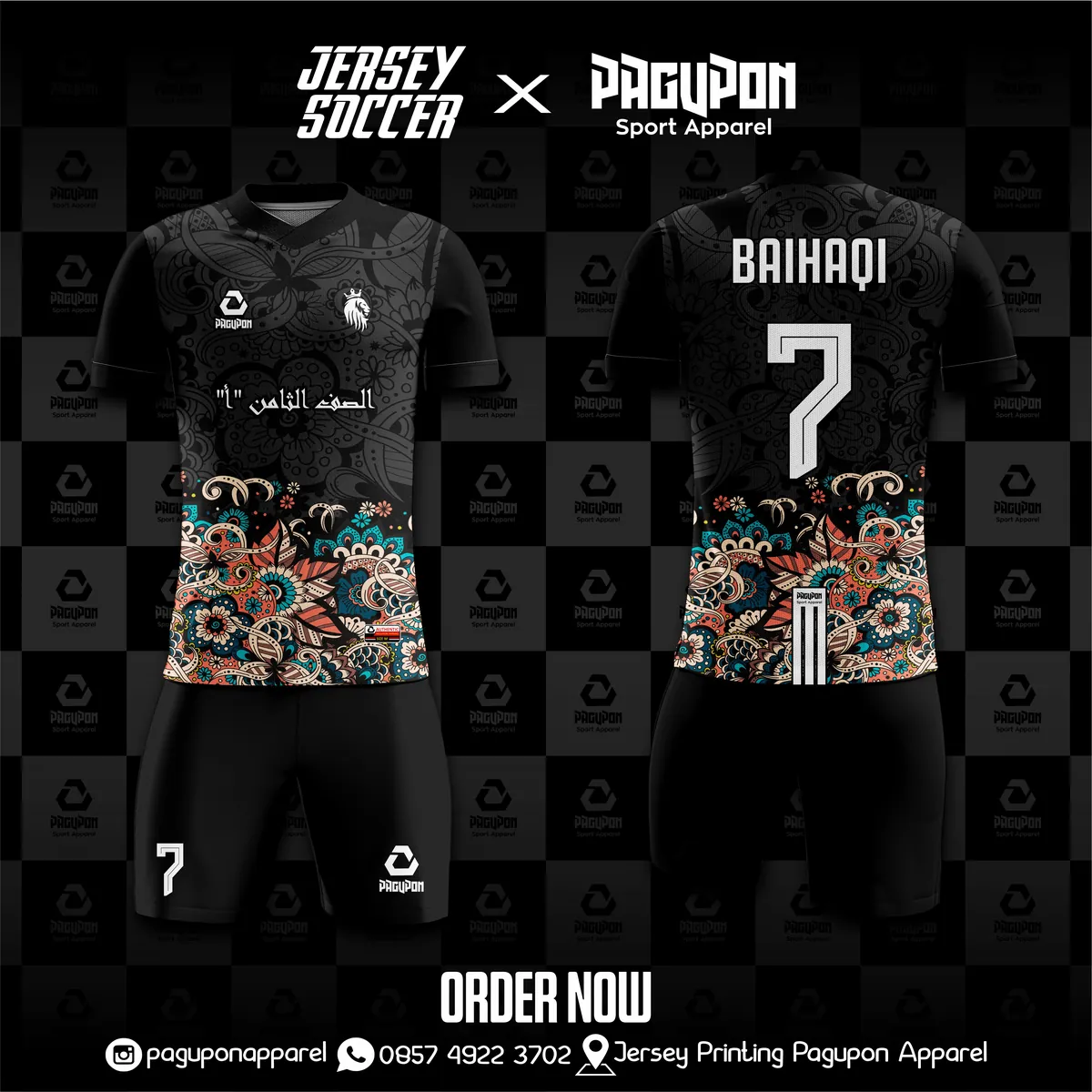 Jersey sepak bola custom Batik Lion Hitam, warna hitam emas, kerah V-Neck, tampak depan dan belakang