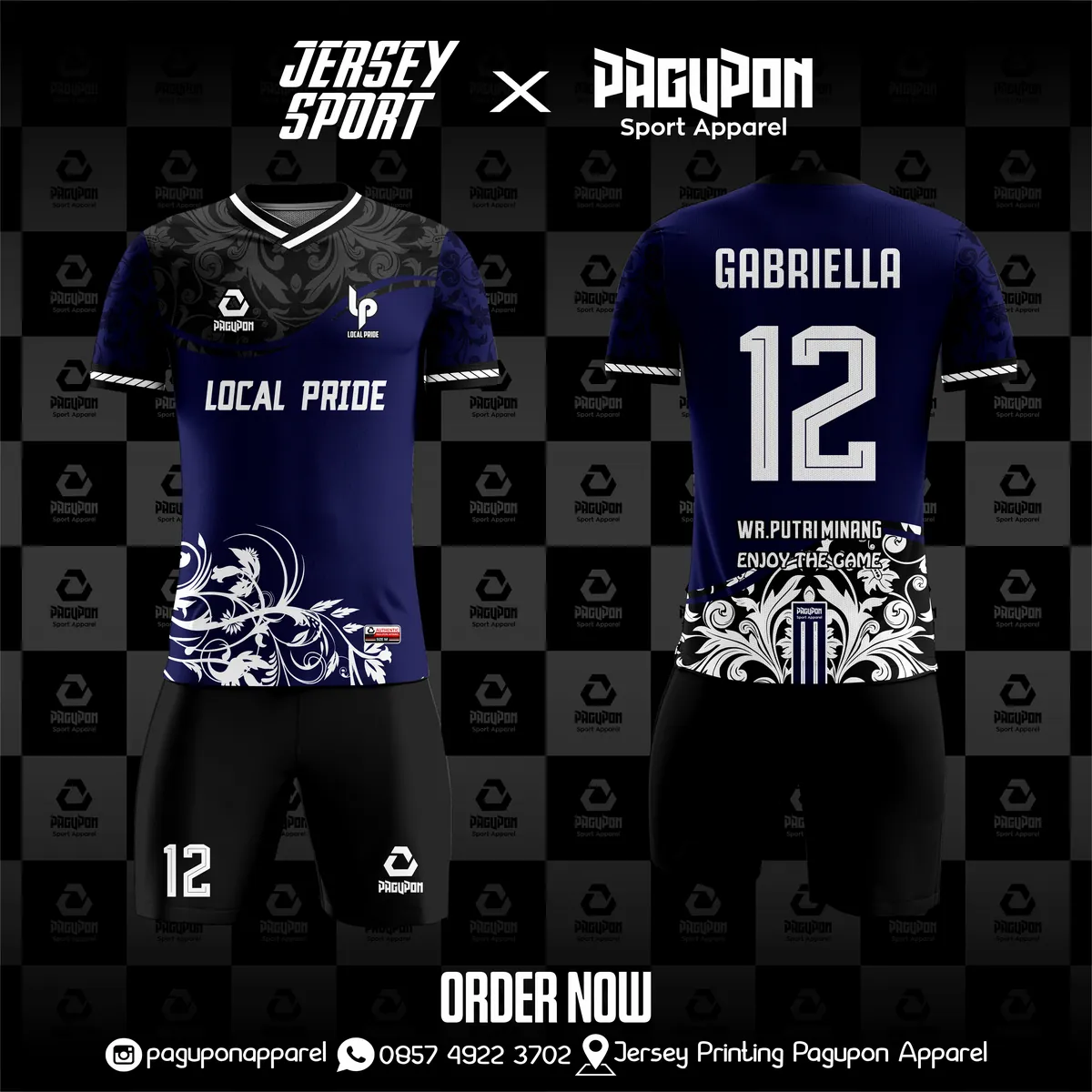 Jersey sepak bola custom Local Pride Navy, warna navy putih, kerah V-Neck, tampak depan dan belakang