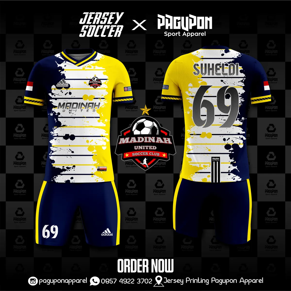 Jersey sepak bola custom Madinah United Krem, warna krem emas, kerah O-Neck, tampak depan dan belakang, varian 2