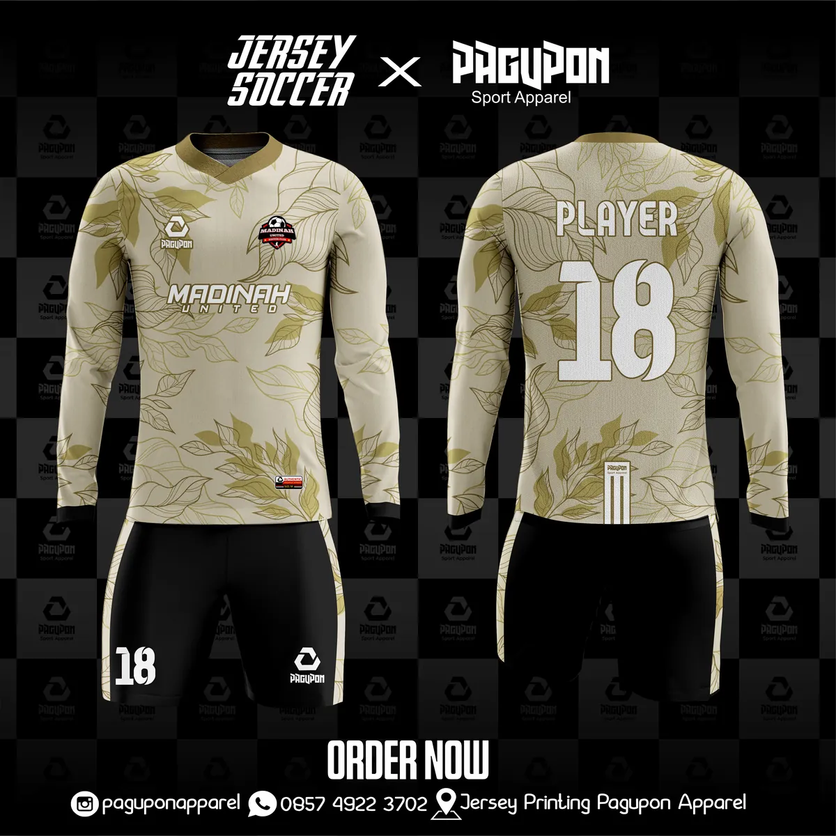 Jersey sepak bola custom Madinah United Krem, warna krem emas, kerah O-Neck, tampak depan dan belakang
