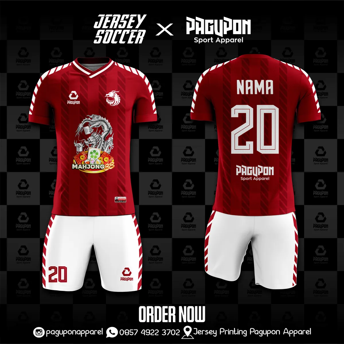 Jersey sepak bola custom Mahjong 88 Maroon, warna maroon putih, kerah V-Neck, tampak depan dan belakang