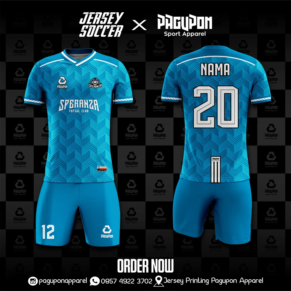 Jersey sepak bola custom Speranza FC Hitam, warna hitam merah, kerah V-Neck, tampak depan dan belakang, varian 2