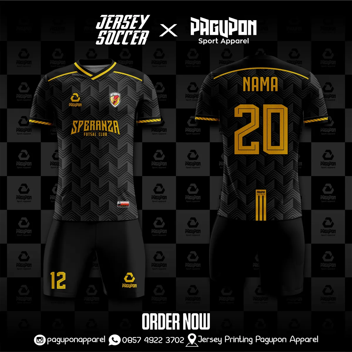 Jersey sepak bola custom Speranza FC Hitam, warna hitam merah, kerah V-Neck, tampak depan dan belakang, varian 3