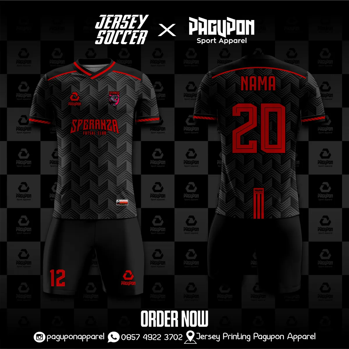 Jersey sepak bola custom Speranza FC Hitam, warna hitam merah, kerah V-Neck, tampak depan dan belakang