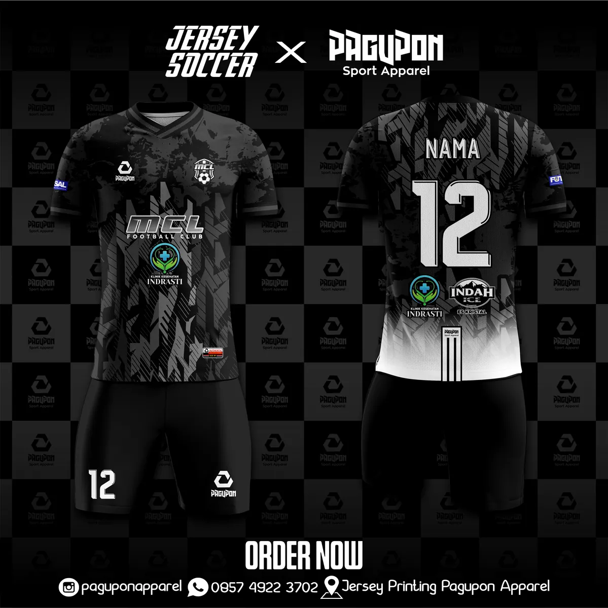 Jersey sepak bola custom MCL FC Hitam, warna hitam abu-abu, kerah V-Neck, tampak depan dan belakang