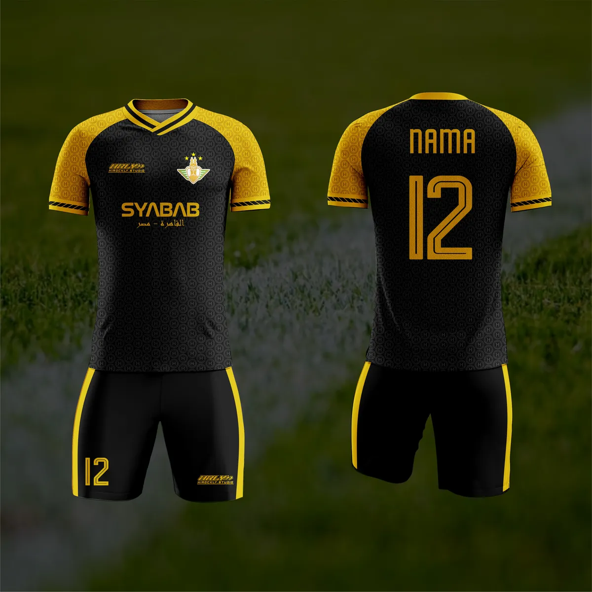 Jersey sepak bola custom Syabab Putih, warna putih emas, kerah V-Neck, tampak depan dan belakang, varian 2