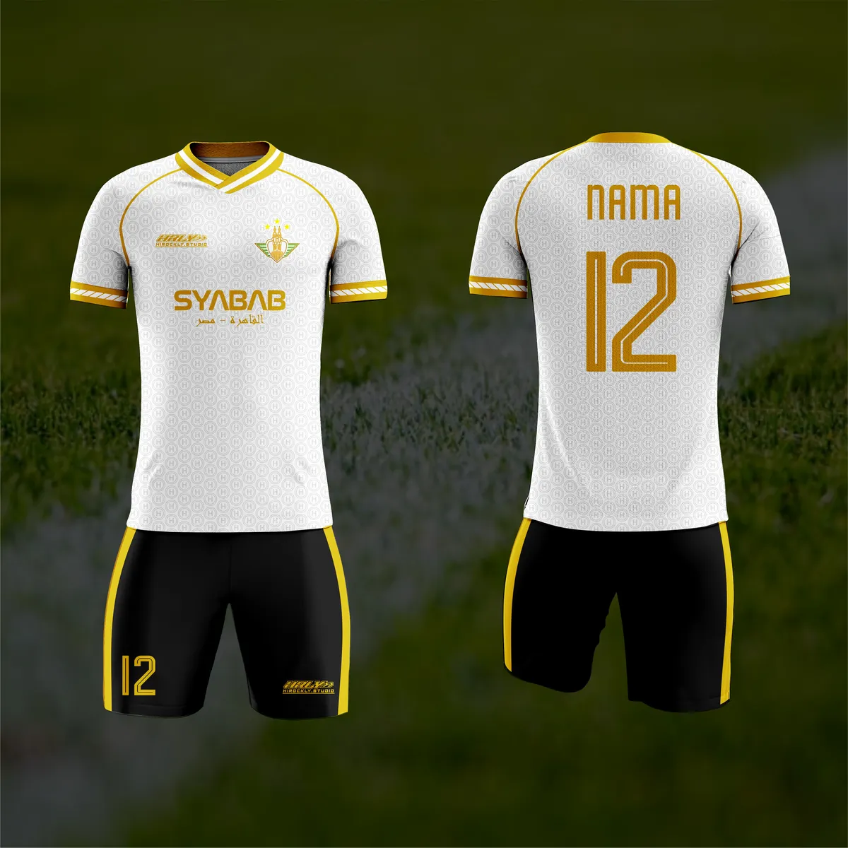 Jersey sepak bola custom Syabab Putih, warna putih emas, kerah V-Neck, tampak depan dan belakang, varian 3